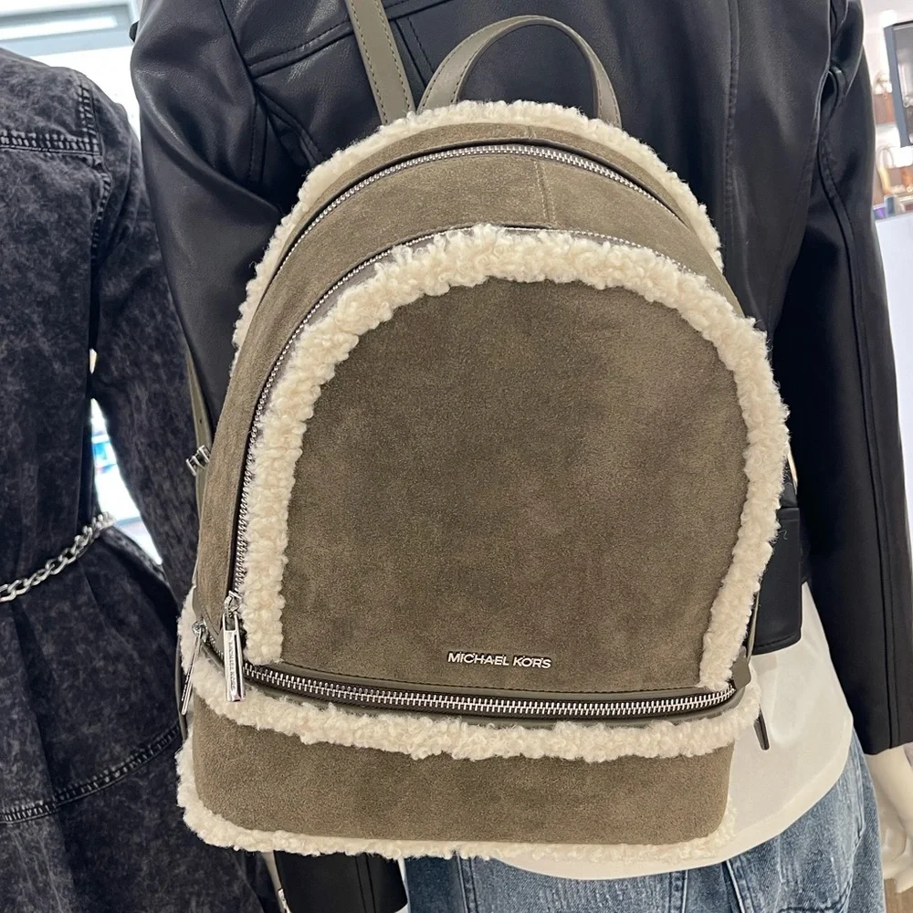 MICHAEL KORS Rhea Medium Suede and Faux Shearling Backpack Olive NWT